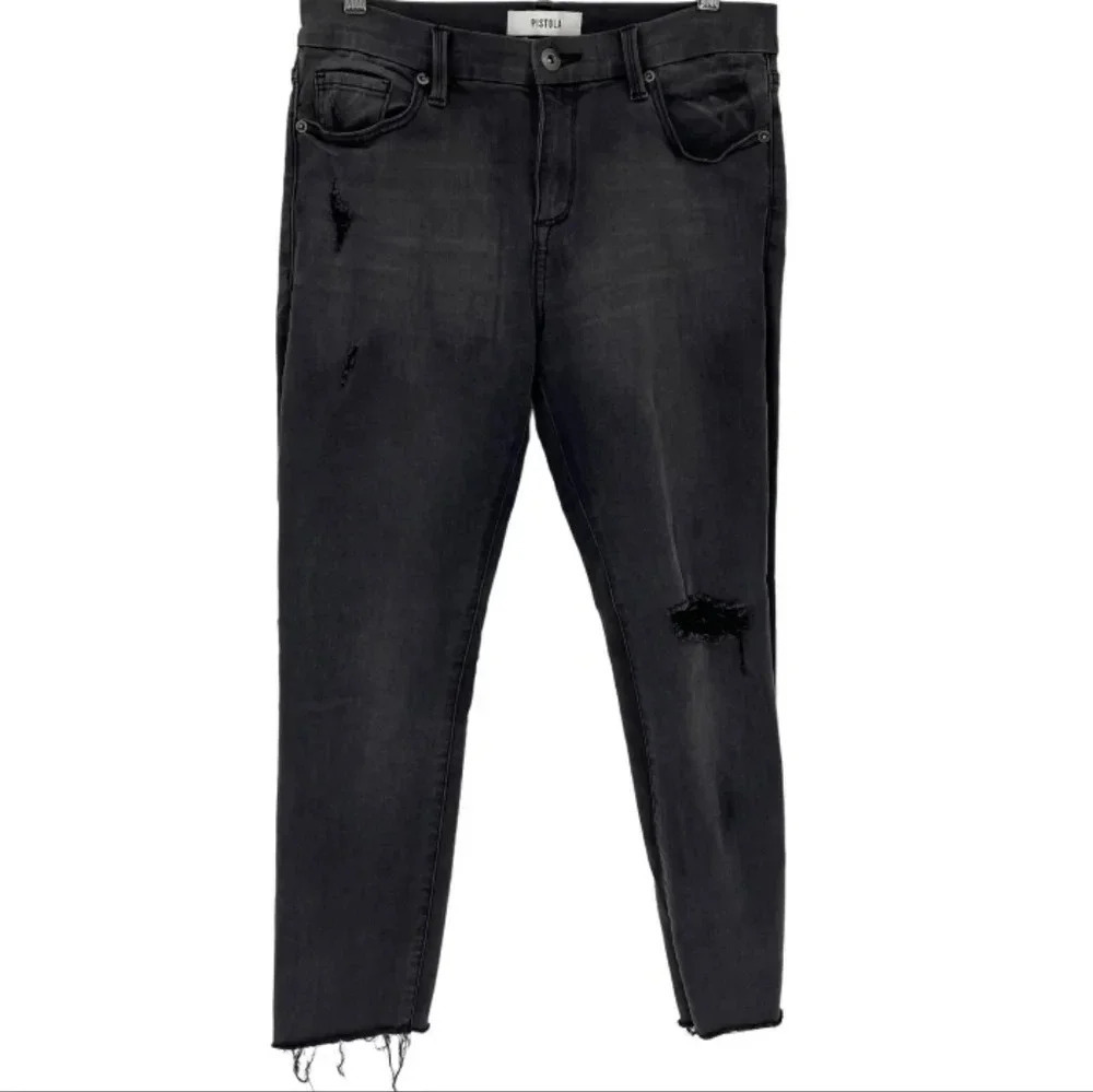 Pistola Aces High Black Distressed Hi-Rise Straight Leg Jeans Stretch Raw Hem